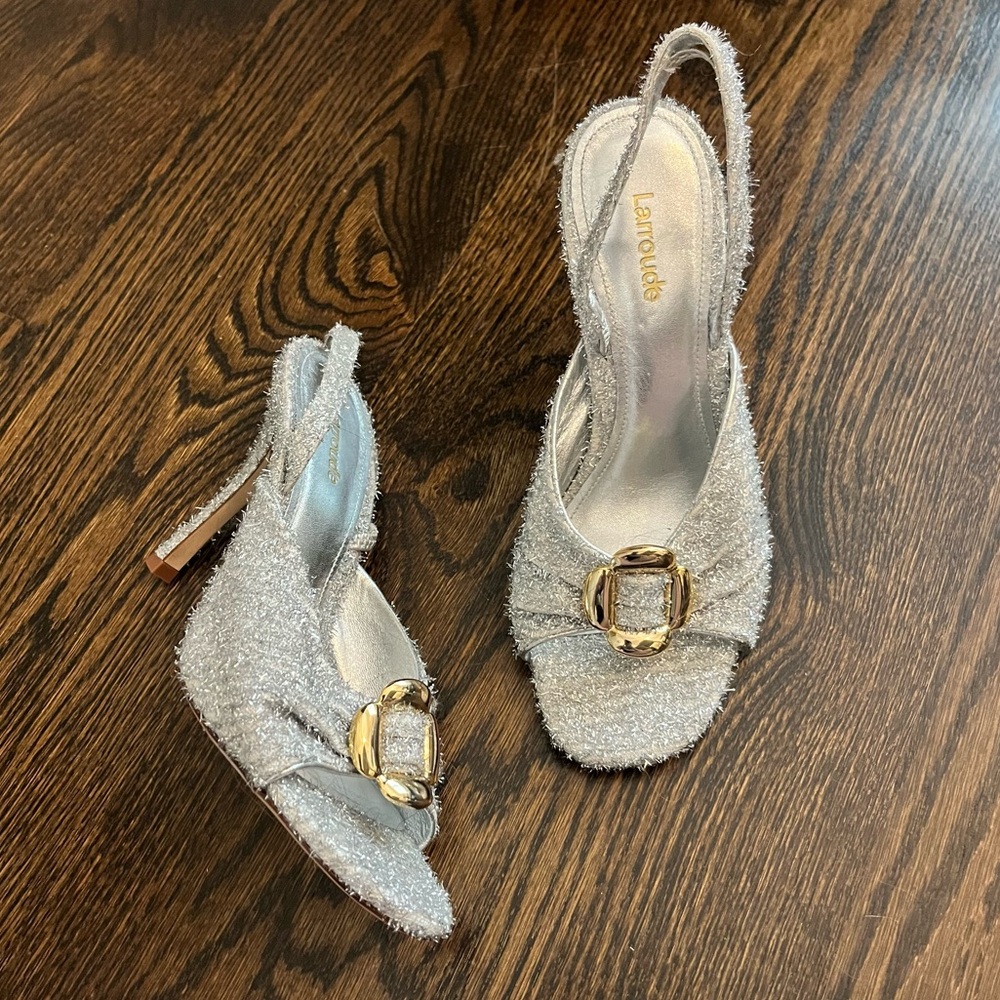 LARROUDÉ “Mayfair” Silver Embellished Heeled Sandals 7